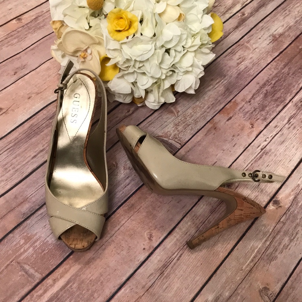 {Guess} Tan Patent Leather Peep Toe Cork Heels